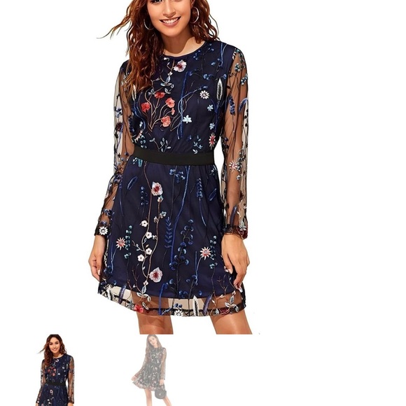Milumia Dresses & Skirts - Milumia Floral Embroidered Mesh Long Sleeve boho Dress small